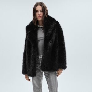 Mango —Black Faux Fur Coat